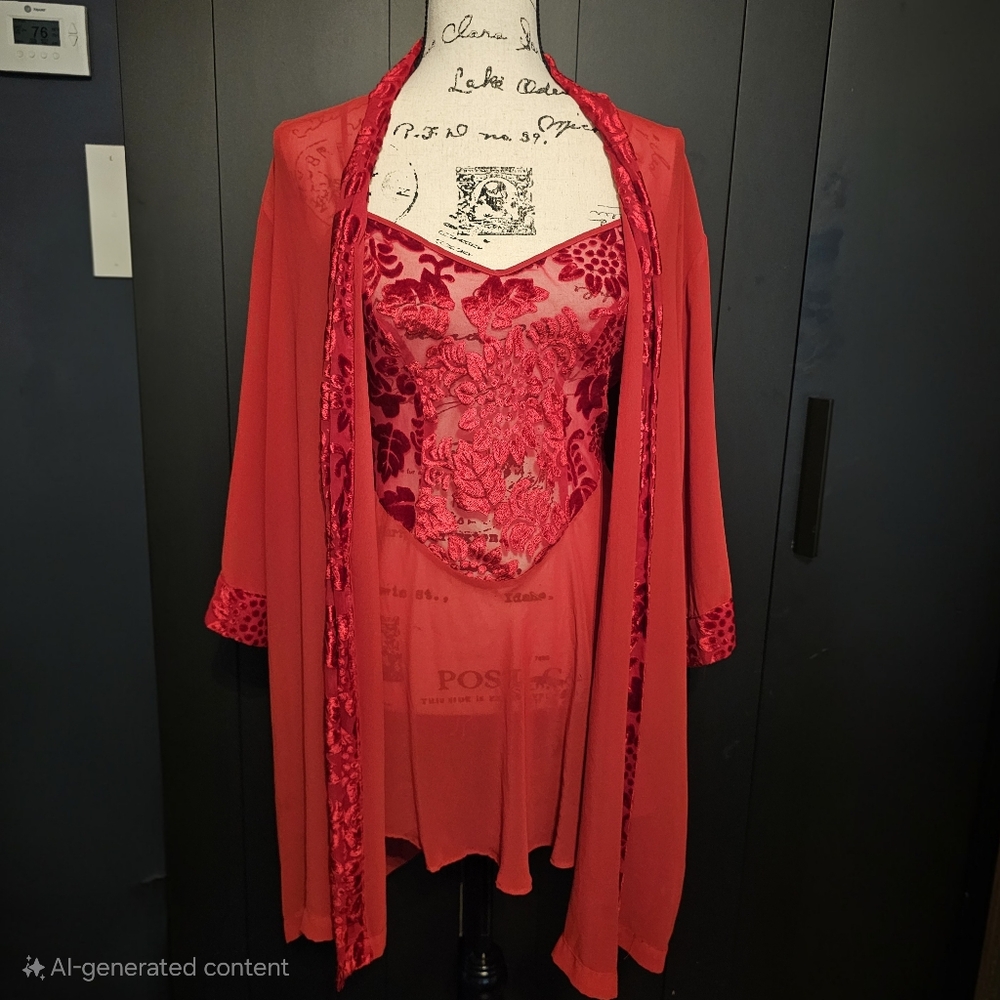 Cacique Red Lace Robe And Babydoll Intimates - Picture 1 of 5